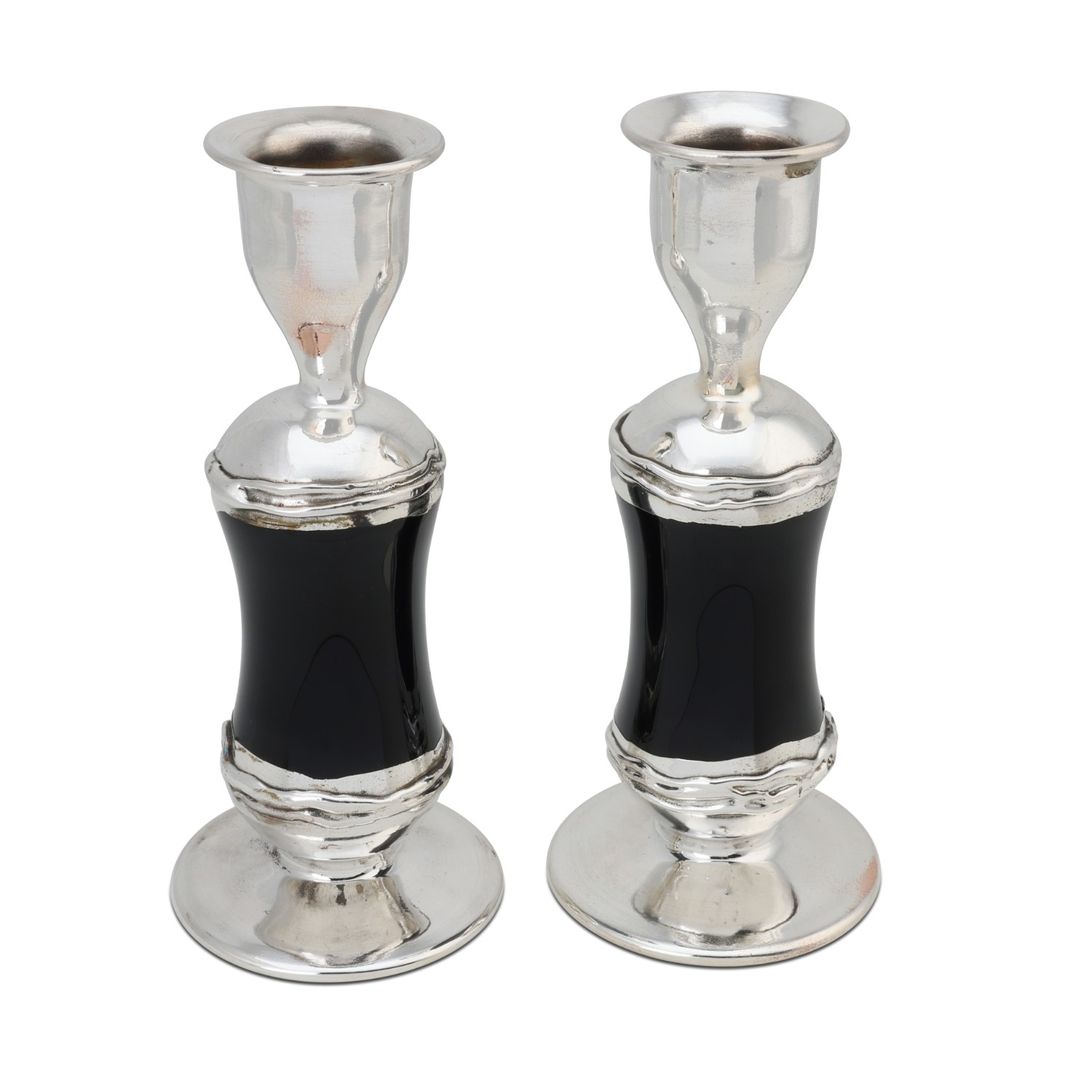 Majestic Handcrafted Sterling Silver-Plated Black Glass Sabbath Candlesticks - 1