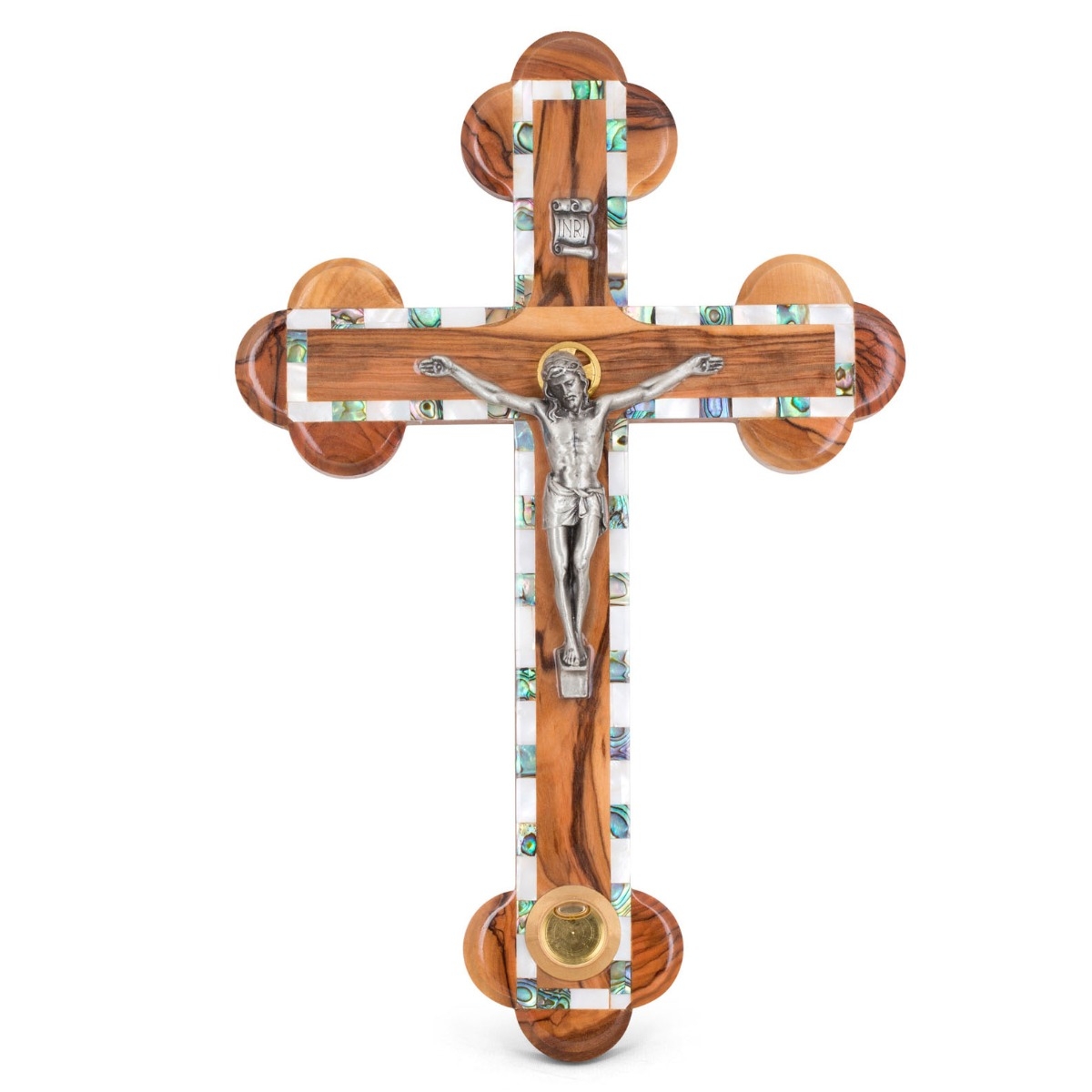 Mother of Pearl Mosaic Olive Wood Crucifix with Olive Oil Container - 2