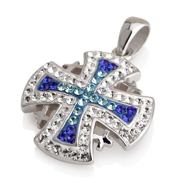 Rhodium Plated Sterling Silver Jerusalem Cross Pendant with Gemstones - 1
