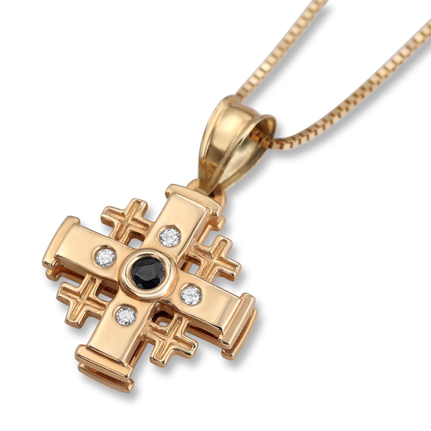 14K Gold Jerusalem Cross Necklace with Five White and Black Diamonds and ‘Jerusalem’ Inscription - 1
