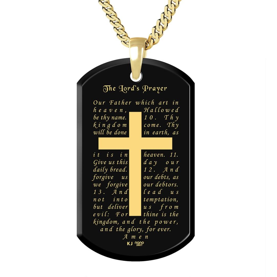 KJV Lord's Prayer and Cross Men's Necklace with 24K Gold Micro-Inscribed Onyx Stone - 1