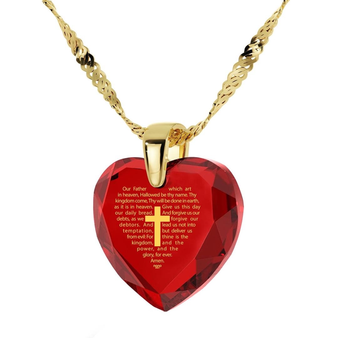 KJV Lord's Prayer and Cross Women's Heart Necklace with 24K Gold Micro-Inscribed Cubic Zirconia - 1