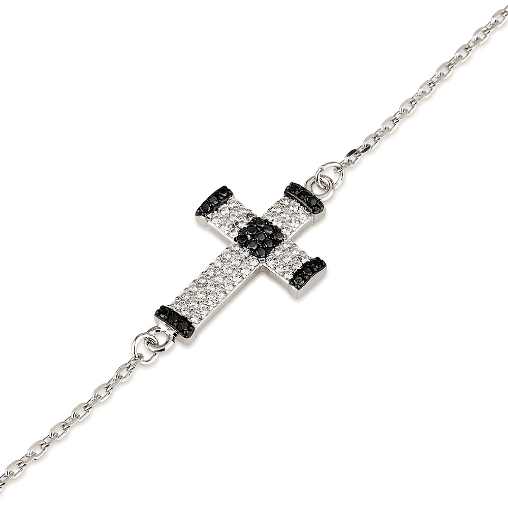 Emuna Studio Rhodium Plated Silver Pavé Roman Cross Bracelet with White and Black CZ - 1