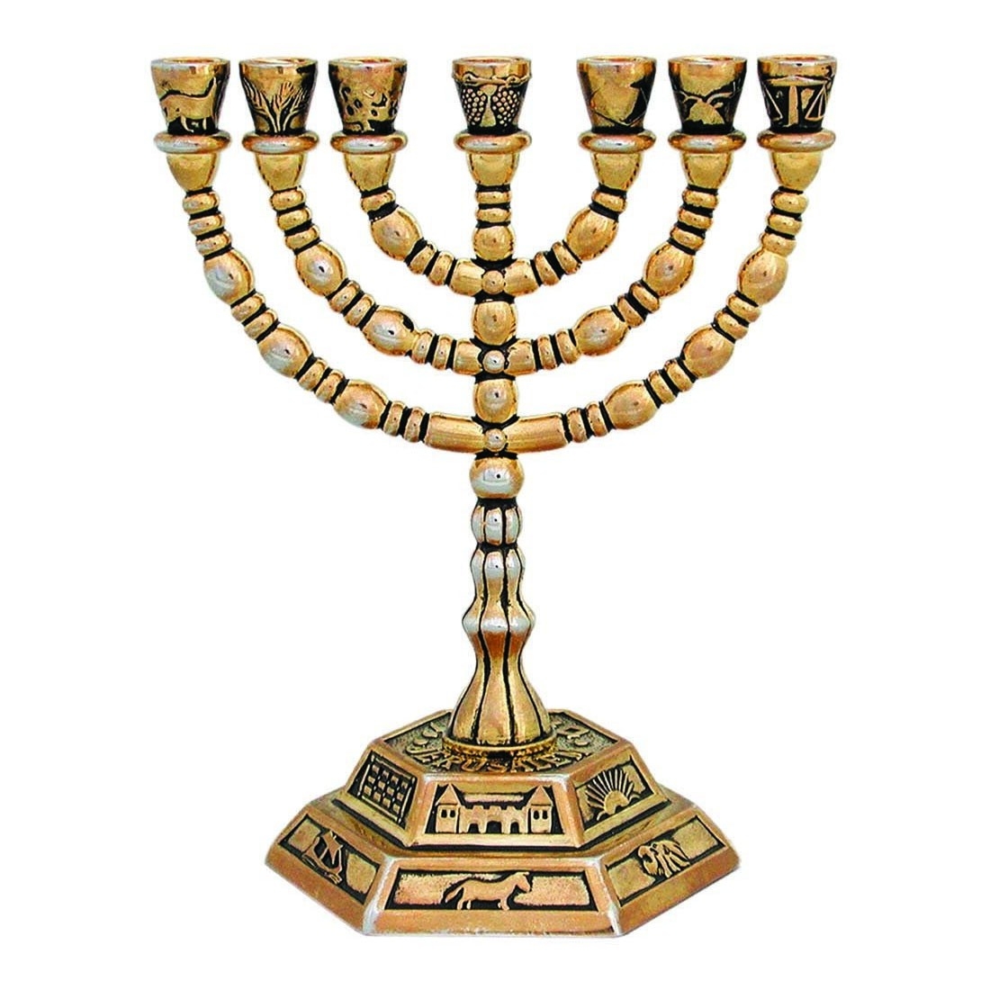 Miniature Gold Colored 12 Tribes 7-Branched Menorah - 1