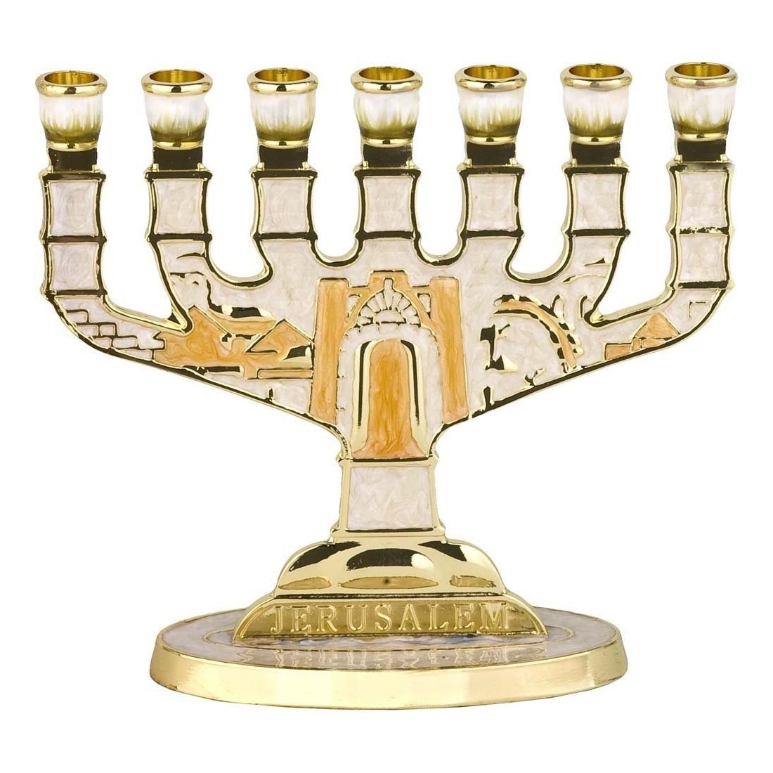 Miniature Gold Tone White Enameled 7-Branched Menorah with Jerusalem Gate Design - 1