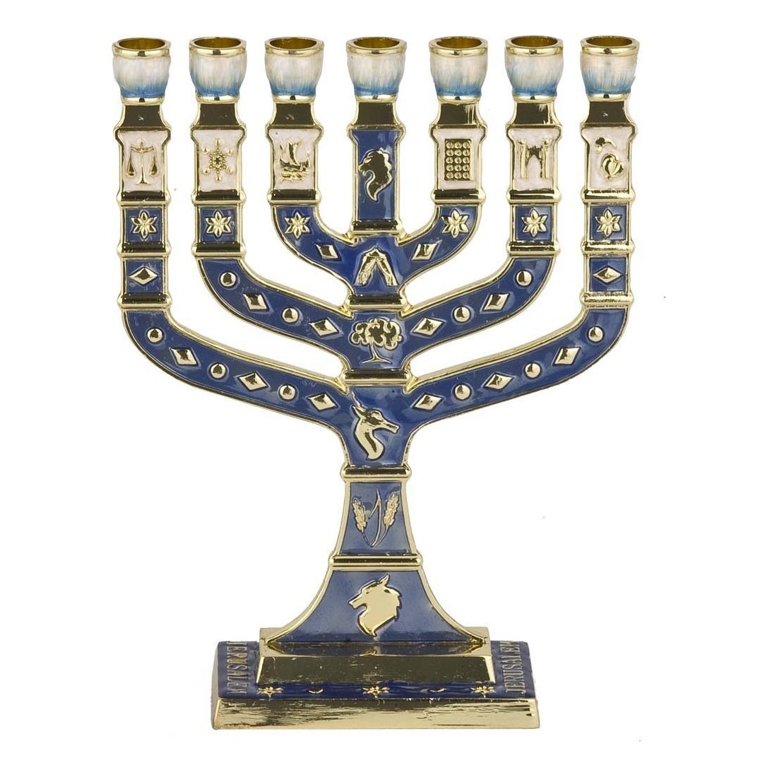 Miniature Gold Tone Blue Enameled Knesset-Style 7-Branched Menorah with 12 Tribe Symbols - 1