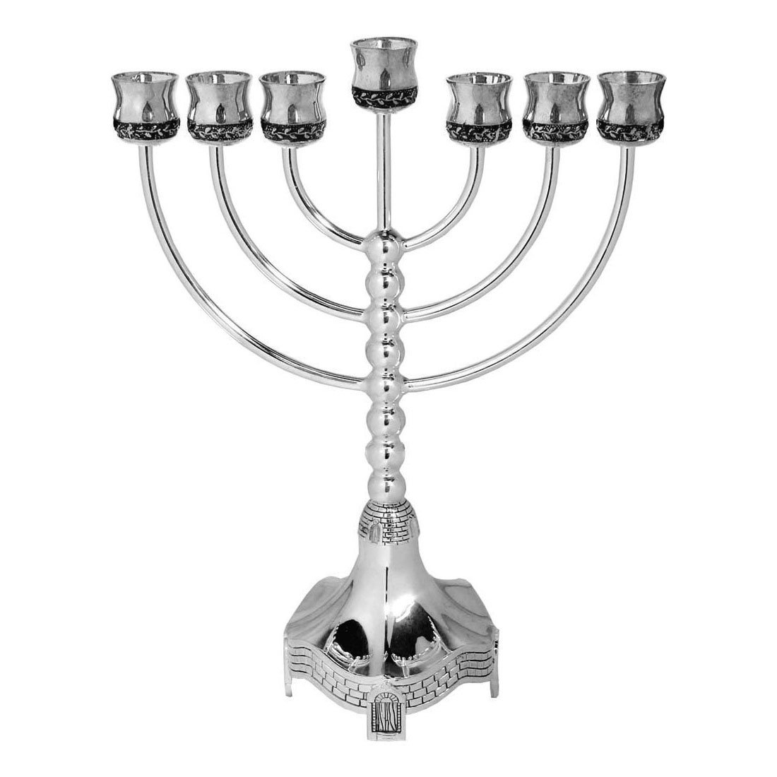 Silver Plated Bubble Stem Traditional 7-Branched Menorah with Vines and Jerusalem Motif - 1