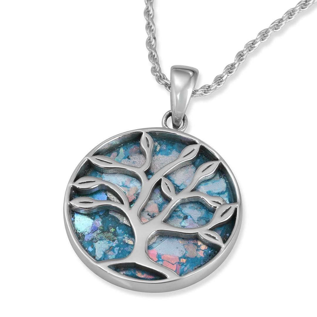Large Sterling Silver Tree of Life Necklace with Roman Glass - 1
