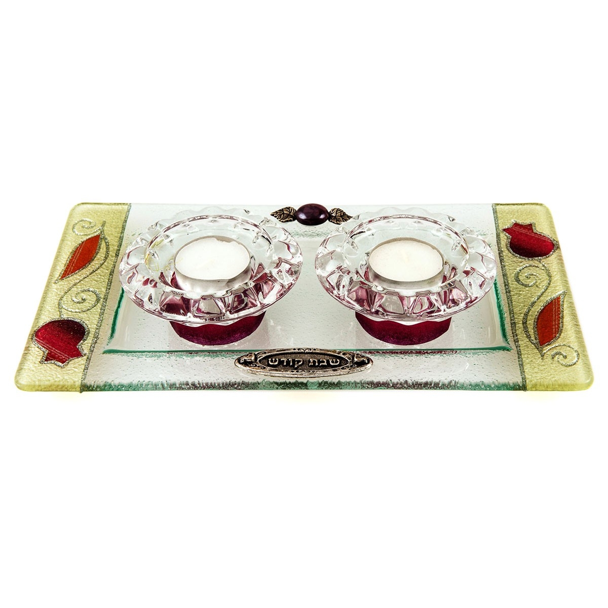 Lily Art Painted Glass Tealight Candleholders with Matching Tray (Red Pomegranates) - 1