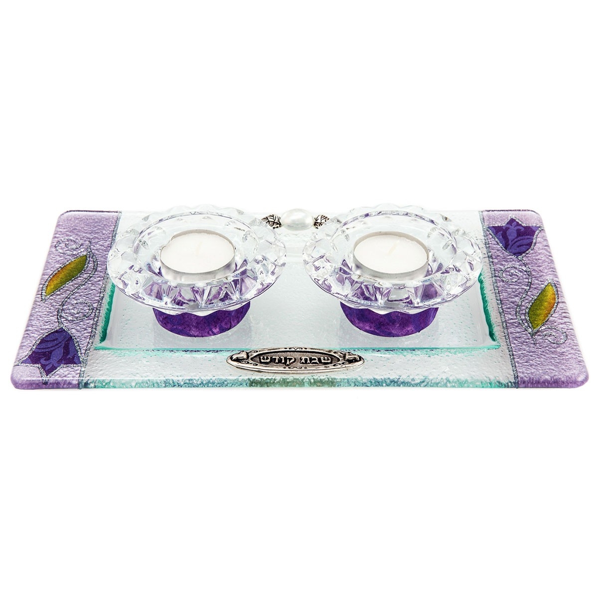 Lily Art Painted Glass Tealight Candleholders with Matching Tray (Purple Tulips) - 1