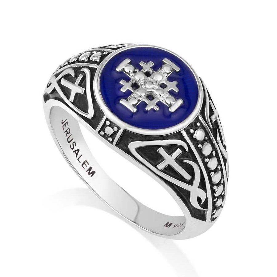Marina Jewelry 925 Sterling Silver Jerusalem Cross Men's Ring with Blue Enamel - 1