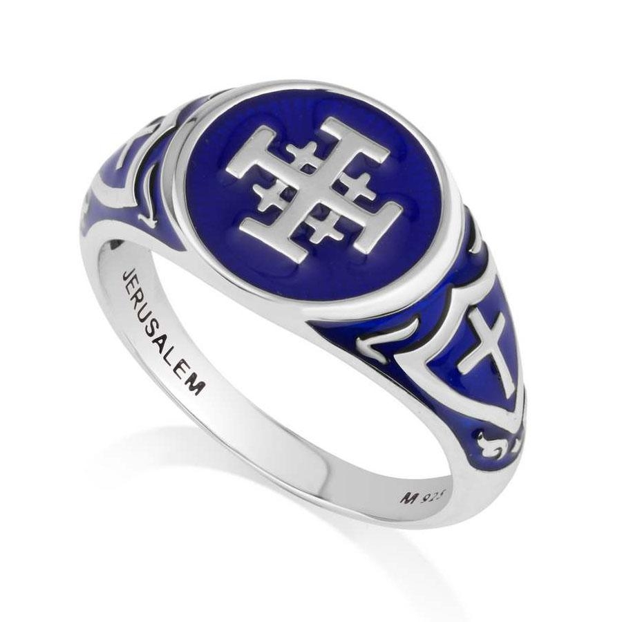 Marina Jewelry 925 Sterling Silver Blue Enamel Men's Jerusalem Cross Ring - 1