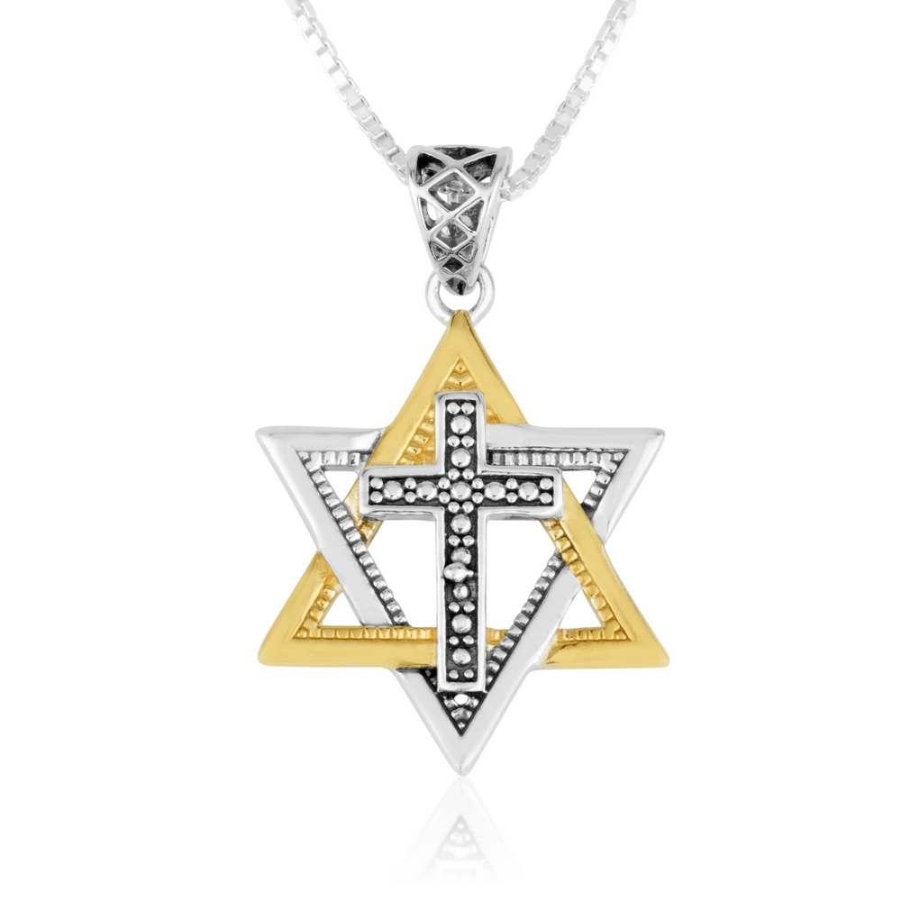 Marina Jewelry 925 Sterling Silver Cross Necklace with Gold Plated Star of David - 1