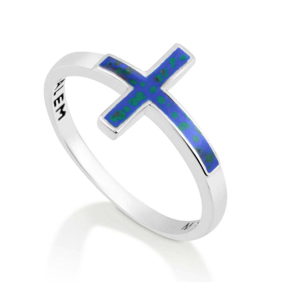 Marina Jewelry 925 Sterling Silver Ring With Blue Enamel Latin Cross - 1