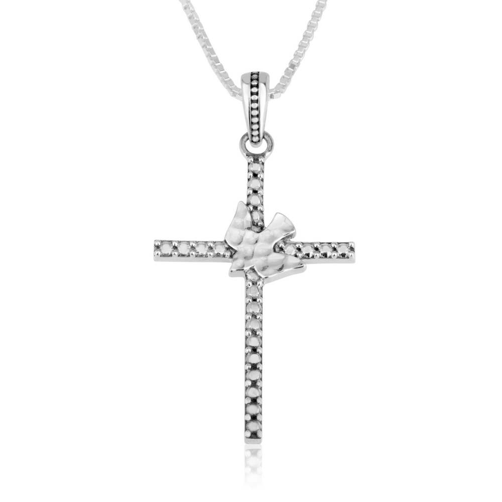 Marina Jewelry 925 Sterling Silver Textured Cross Pendant With Dove  - 1