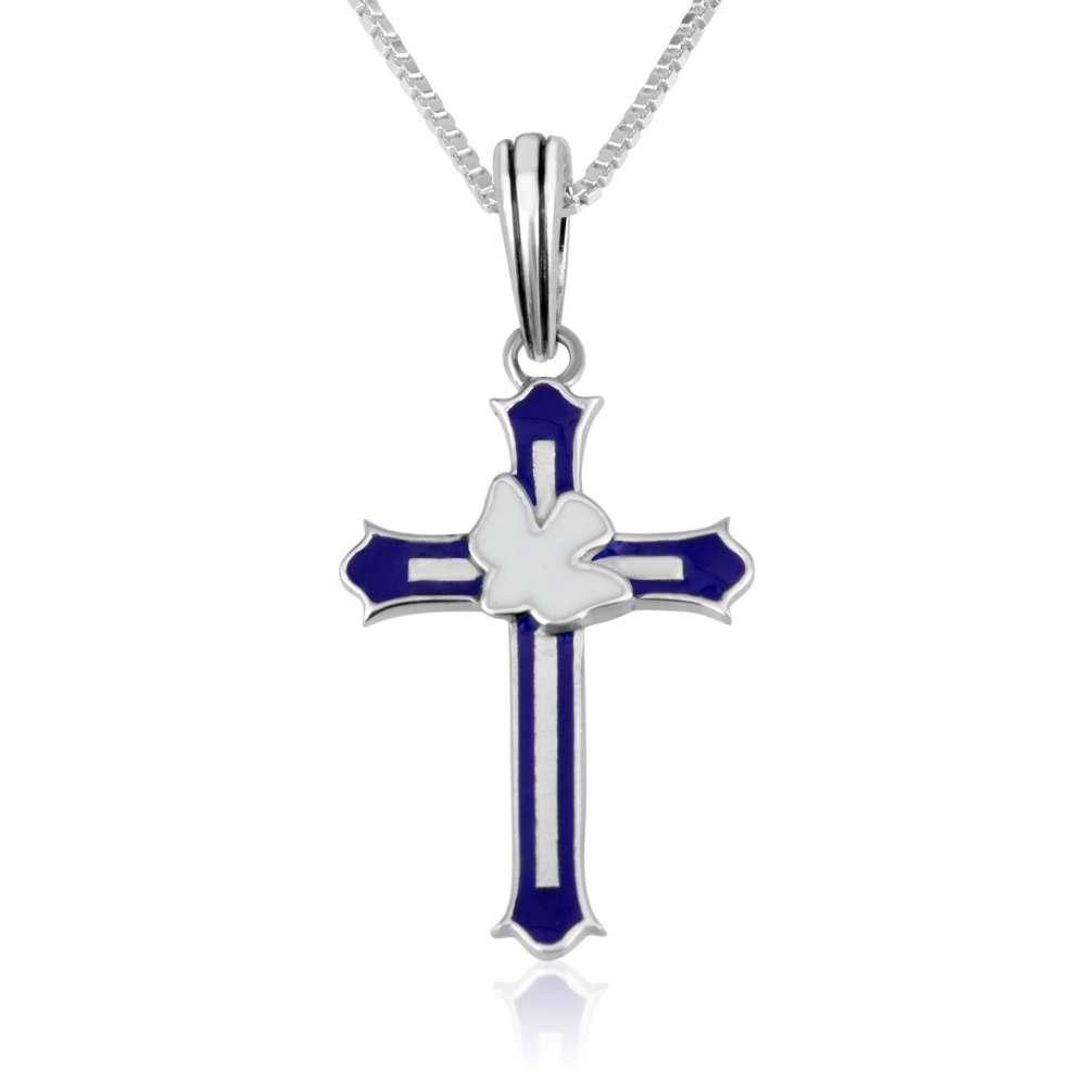 Marina Jewelry Sterling Silver Blue Enamel Cross Necklace with Dove of Peace - 1