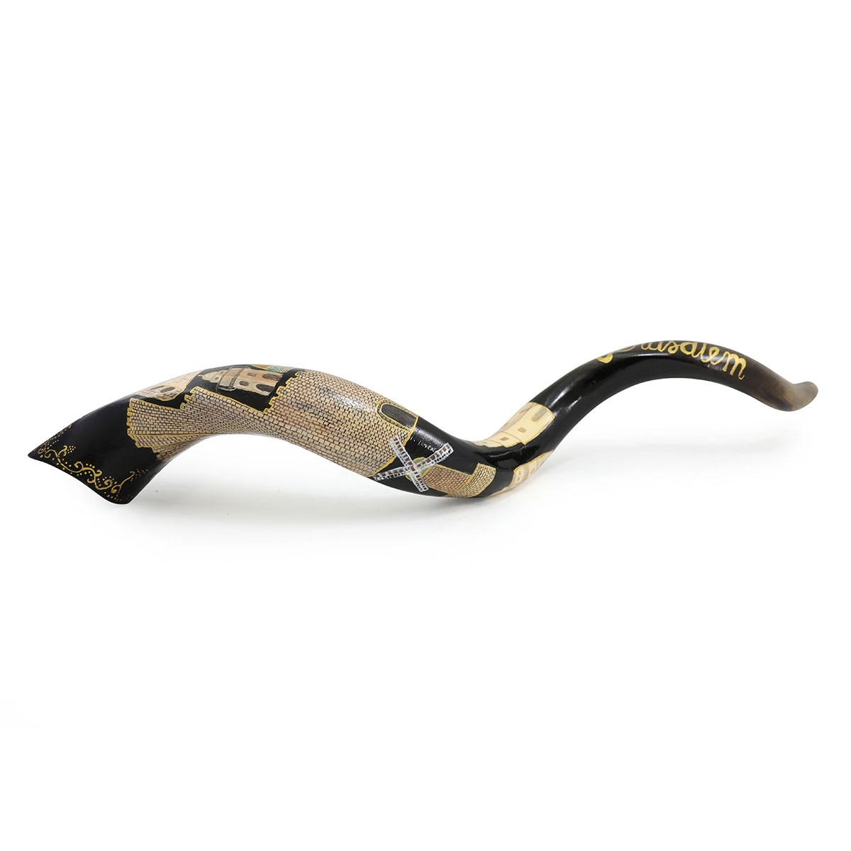Hand Painted Kudu Shofar Horn with Old City of Jerusalem Landmarks in Black and Gold - 1