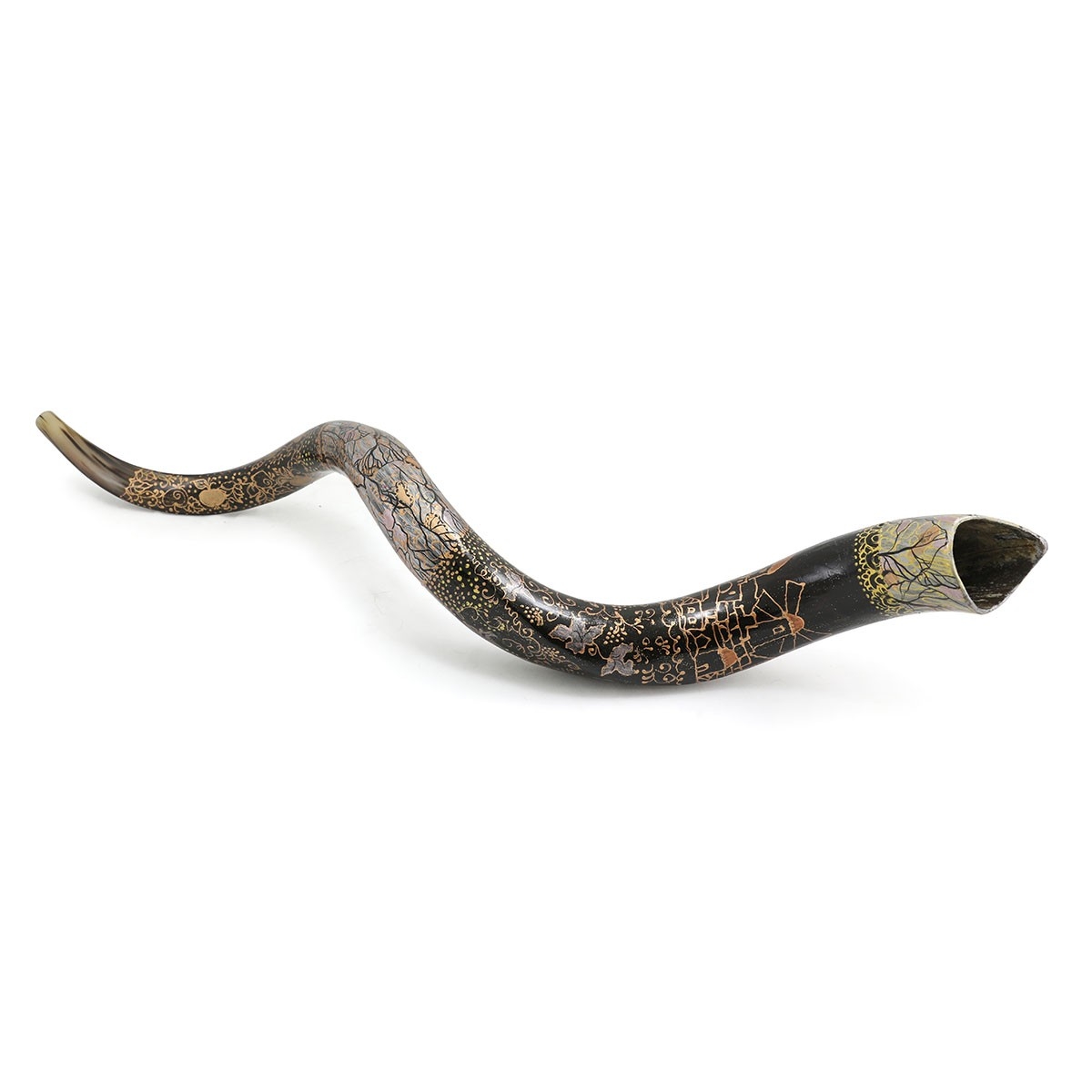 Hand Painted Kudu Shofar Horn with Old City of Jerusalem in Copper and Gold  - 1