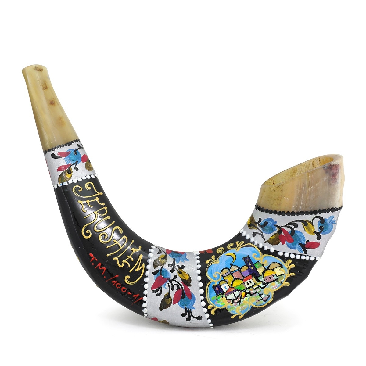 Hand Painted Ram’s Horn Shofar with Jerusalem and Floral Designs - 1