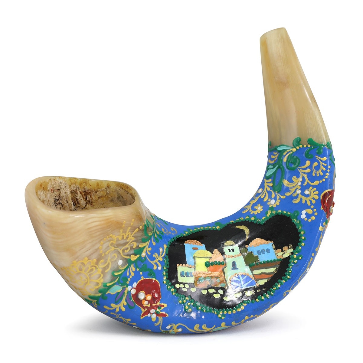 Hand Painted Ram’s Horn Shofar with Jerusalem at Night and Pomegranates - 1