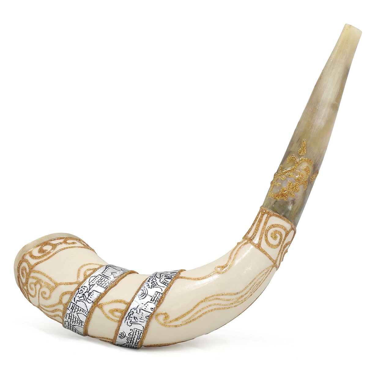 Hand Painted Ram’s Horn Shofar with White and Gold Jerusalem Design  - 1