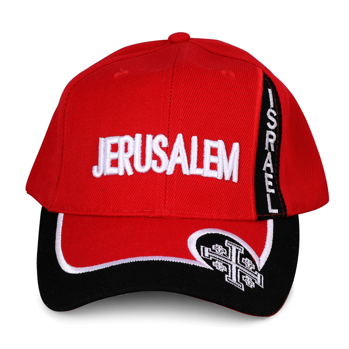 Red Jerusalem Cross Sports Cap with Jerusalem and Israel  - 1
