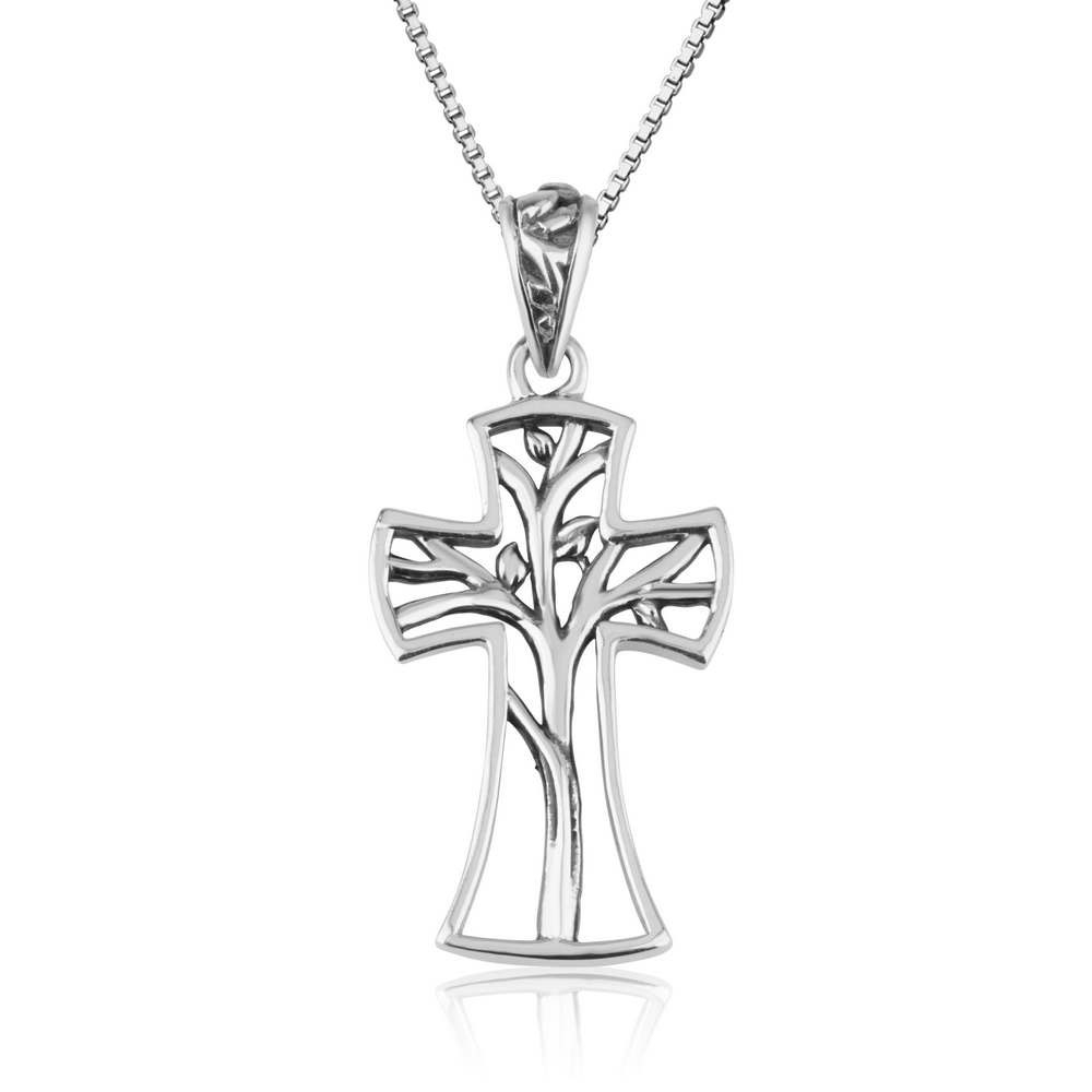 Sterling Silver Tree of Life Cross Pendant Necklace - 1