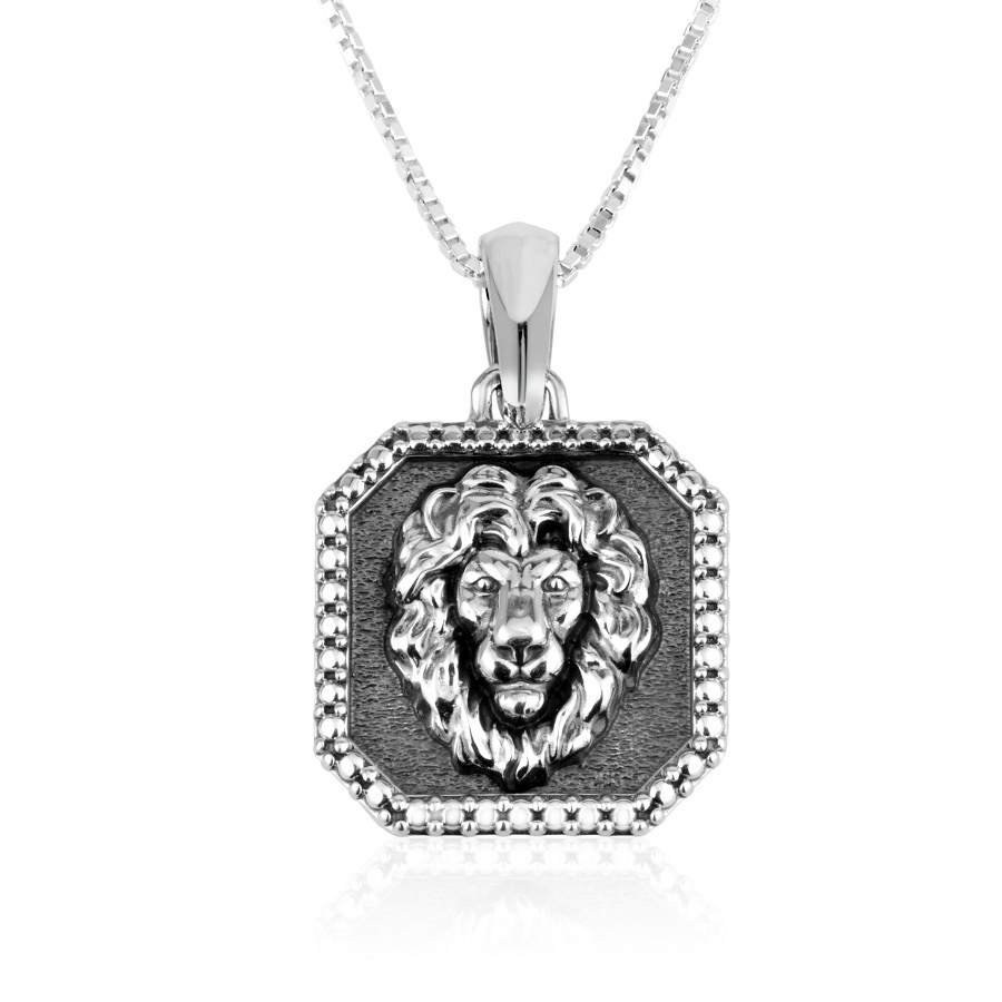 Men's Sterling Silver Lion of Judah Pendant with Dot Design - 1