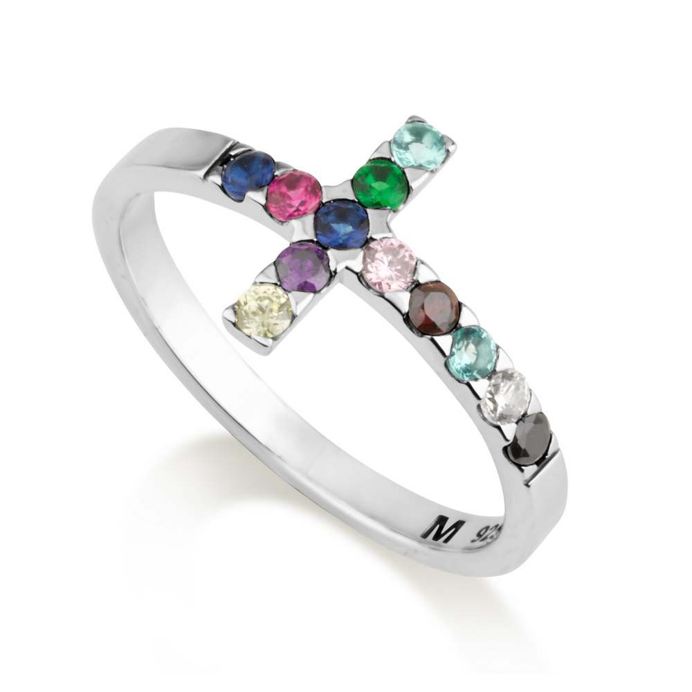 Marina Jewelry Sterling Silver Multicolored Gemstone Roman Cross Promise Ring - 1
