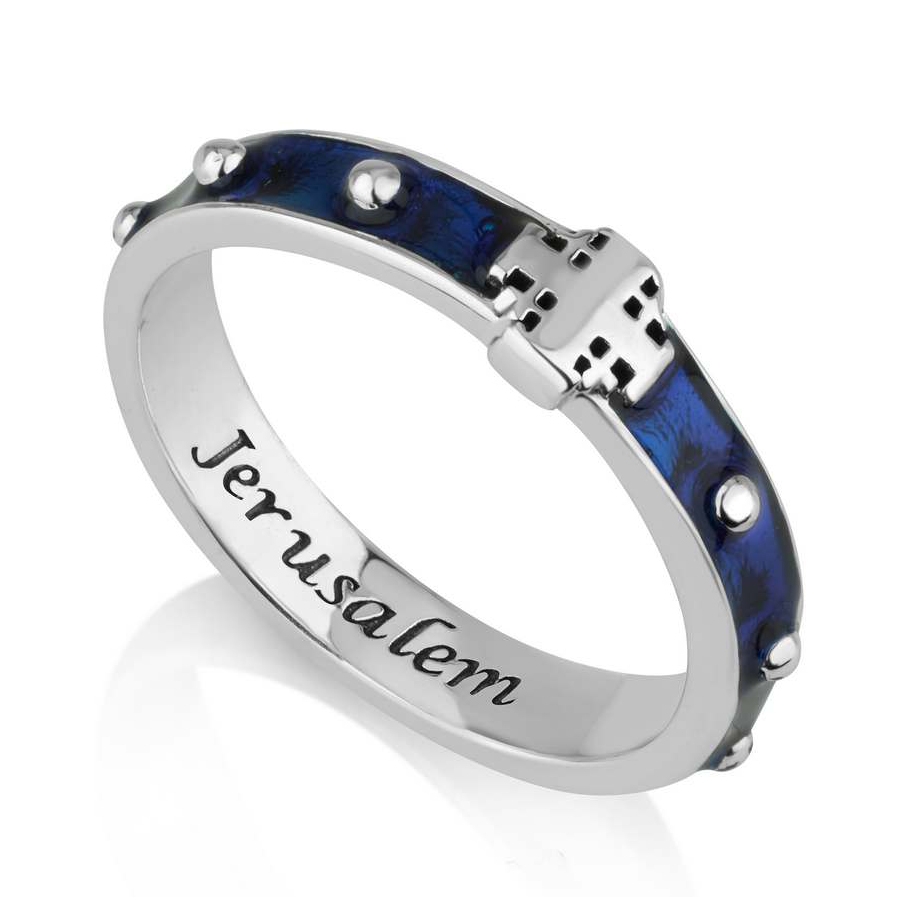 Marina Sterling Silver Blue Enamel Jerusalem Cross Rosary Ring with Jerusalem Inscription - 1