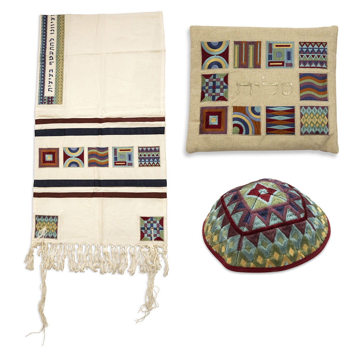 Yair Emanuel Embroidered Prayer Shawl (Tallit) Set With Multicolored Square Patterns - 1