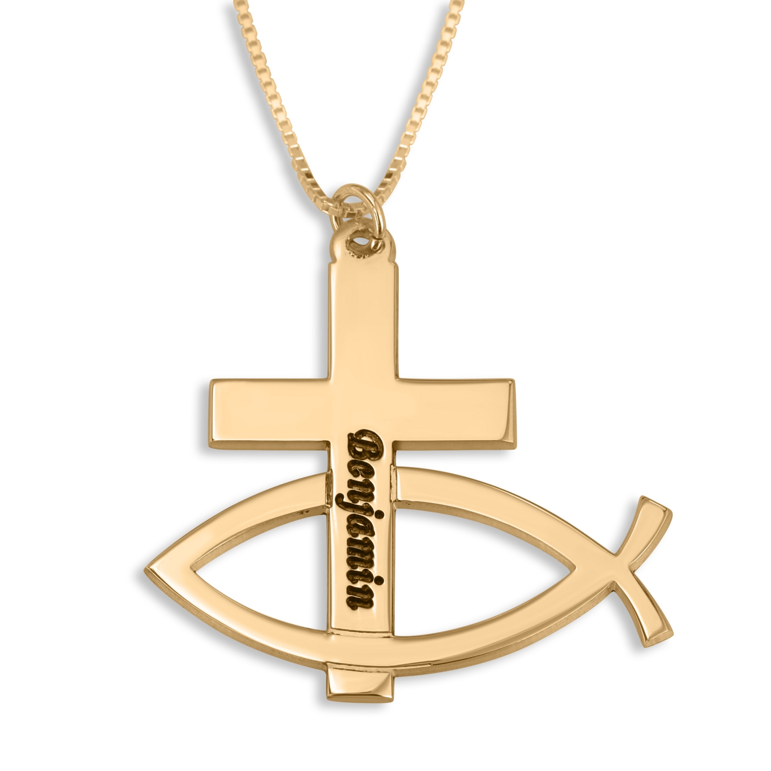 24K Gold Plated Ichthus and Cross Personalized Name Necklace - 1