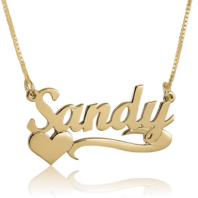 24K Gold Plated Silver Name Necklace in English with Underline & Side Heart - Cola Script - 1