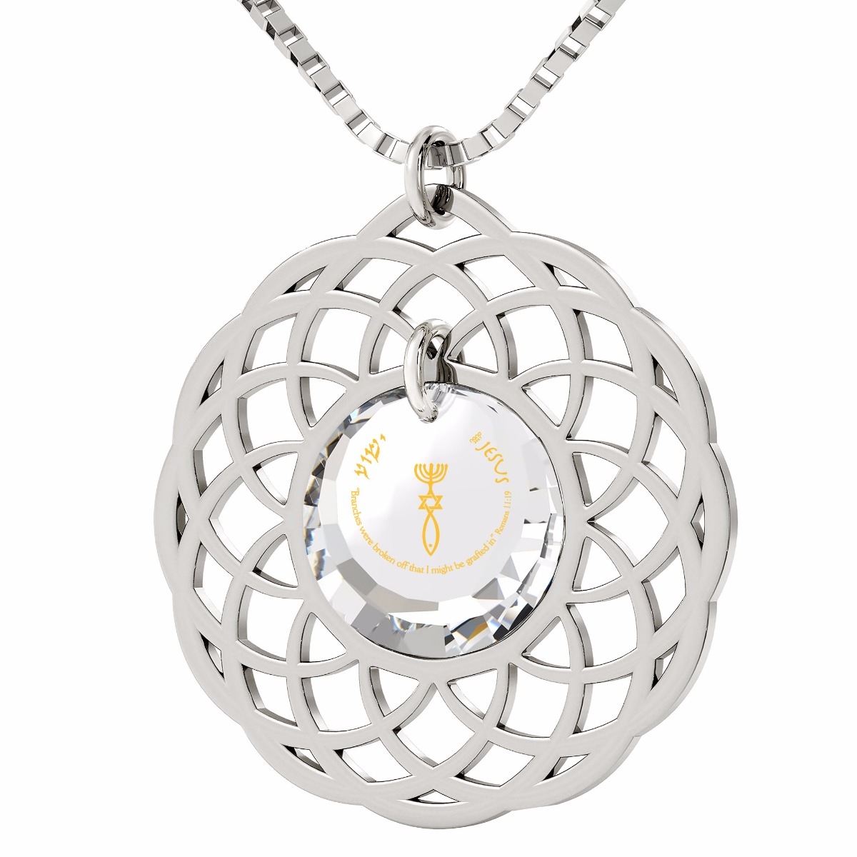 Nano Jewelry Sterling Silver & Crystal Grafted-In Mandala Necklace with 24k Gold Micro-Inscription (White) - 1