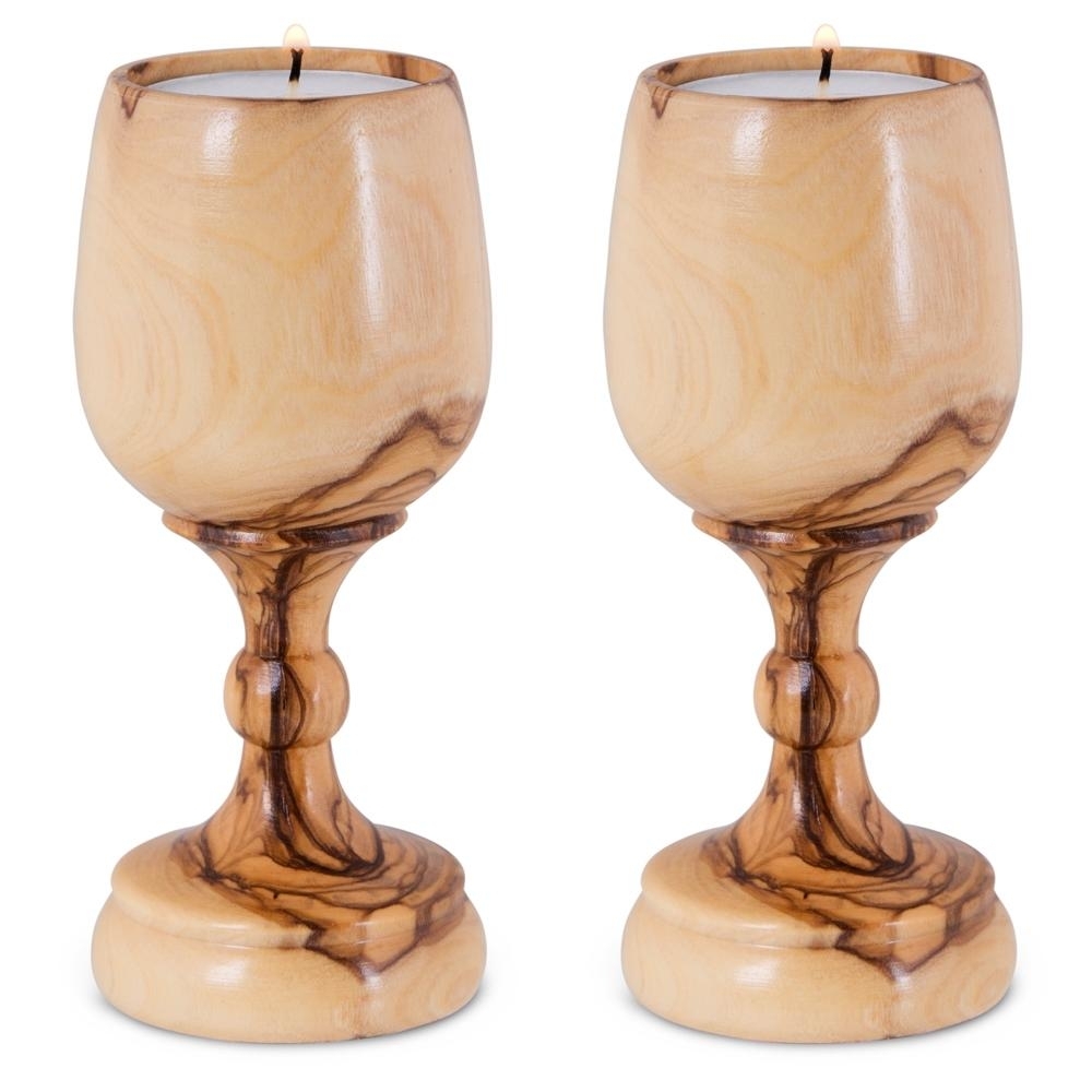 Handcrafted Olive Wood Candlesticks - Wine Glass Design - 1