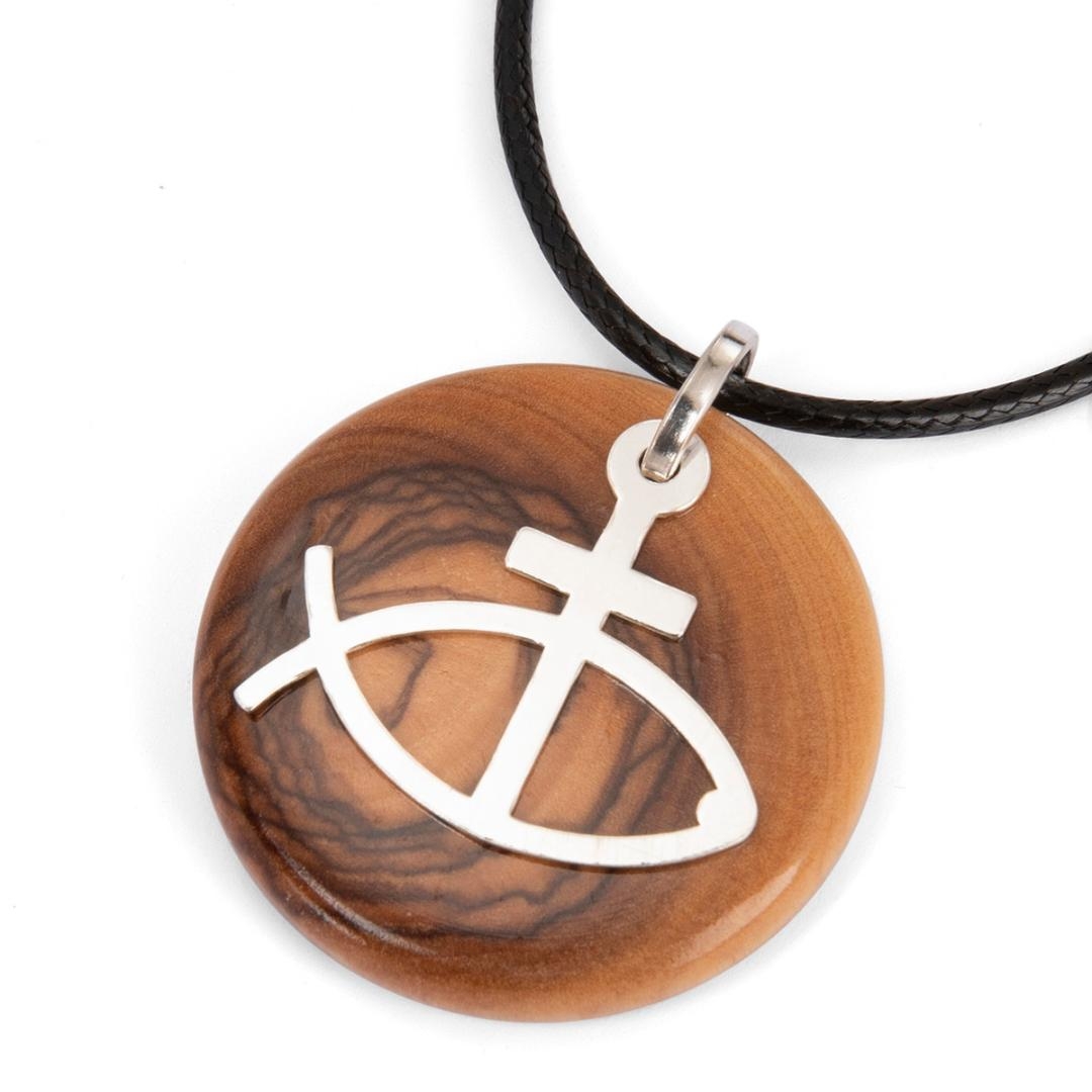 Olive Wood and Sterling Silver Handmade Ichthus Fish and Cross Necklace - 1