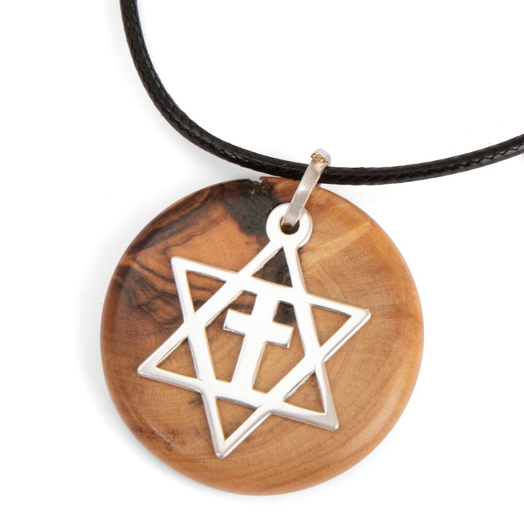 Olive Wood and Sterling Silver Handmade Star of David & Cross (Messianic) Necklace - 1