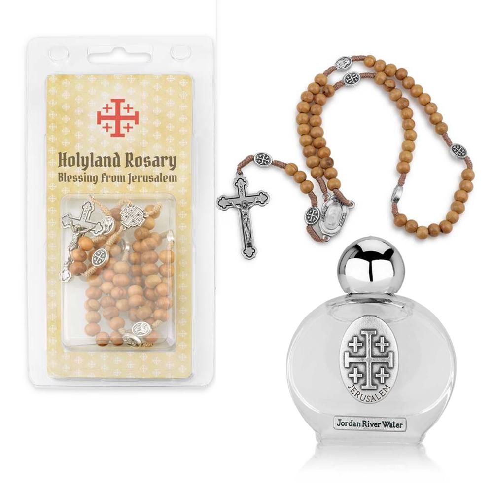 Holyland Rosary Olive Wood Bead and Jerusalem Cross Rosary with FREE Holy Water from Jordan River - 1