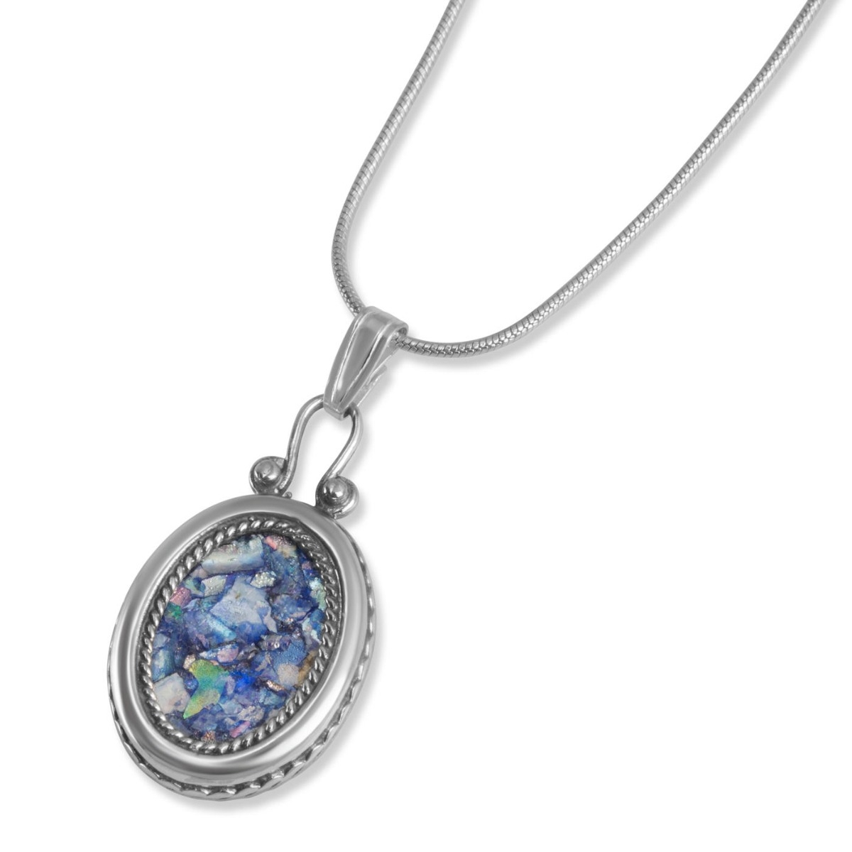 925 Sterling Silver Filigree Oval Necklace with Roman Glass - 1