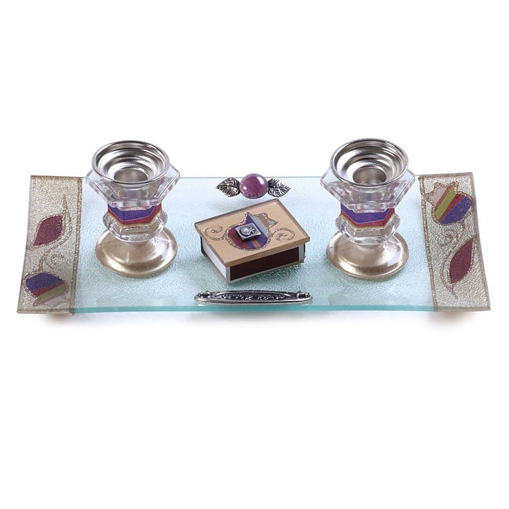 Lily Art Painted Glass Matching Candlesticks, Matchbox, and Tray Set (Purple Pomegranates) - 1