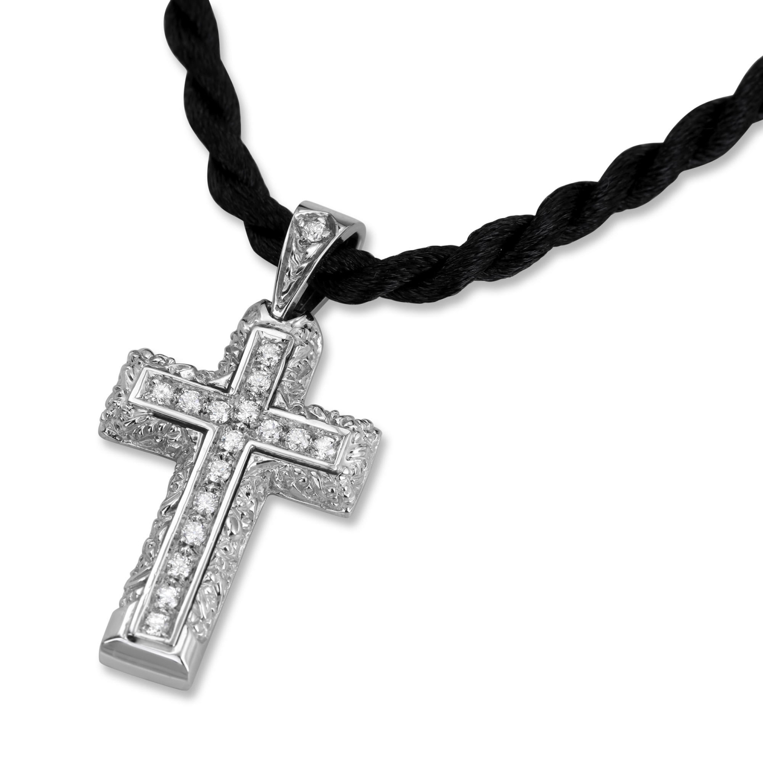 14k White Gold and Diamond Etched Roman Cross Necklace - 1