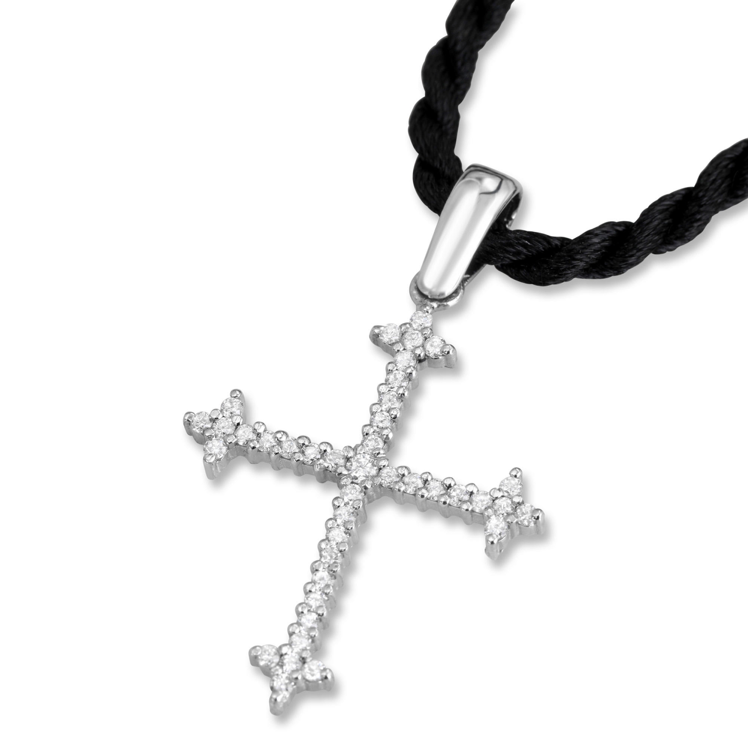 14K White Gold and Diamond Budded Cross Necklace - 1