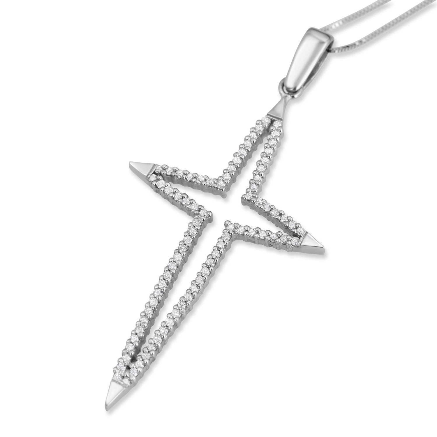 14K White Gold and Diamond ‘Star of Bethlehem’ Outline Cross Necklace - 1