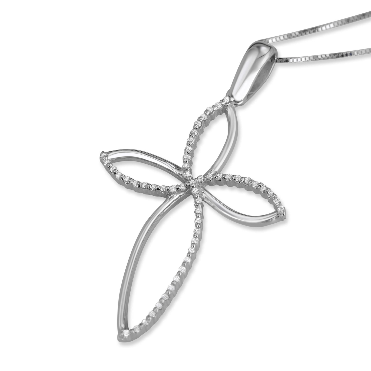 14k White Gold and Diamond Elegant ‘Flower’ Cross Necklace - 1