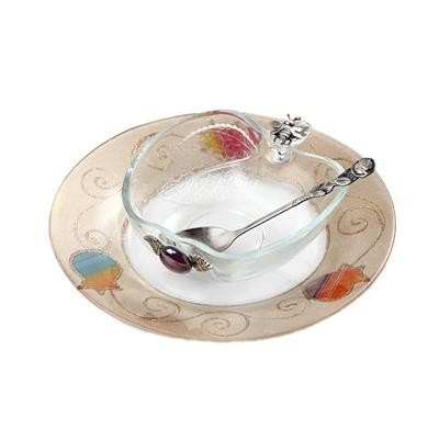 Lily Art Apple Shaped Glass Honey Dish Set with Gold and Multicolored Pomegranate Design - 1