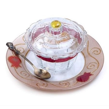 Lily Art Vintage Style Painted Glass Honey Dish Set with Pomegranate Design  - 1