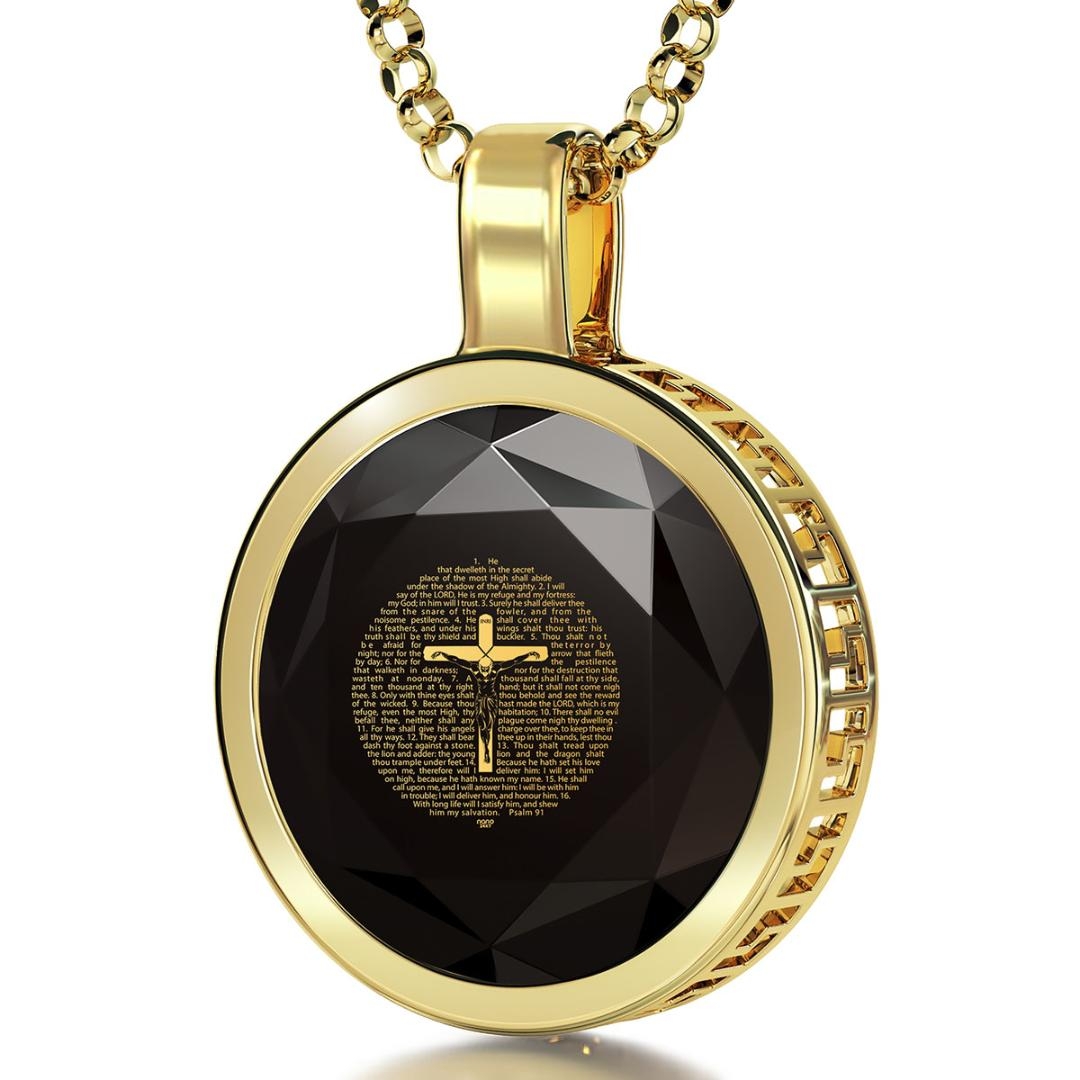 Psalm 91 Crucifix Necklace with 24K Gold Inscribed Cubic Zirconia - 1