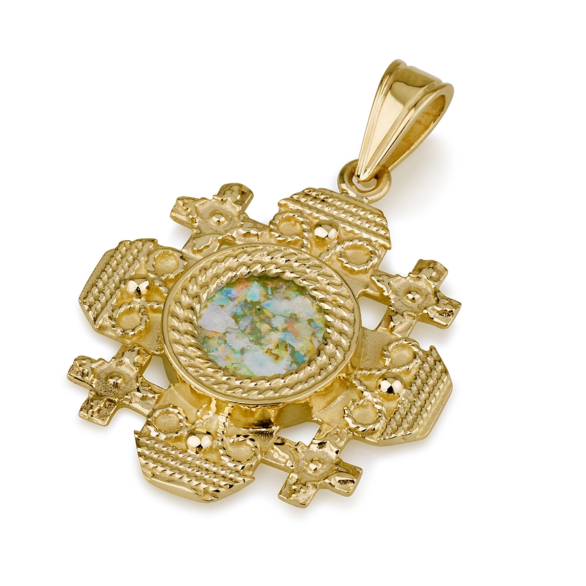 Ben Jewelry 14K Gold & Roman Glass Rounded Filigree Ornate Jerusalem Cross - 1