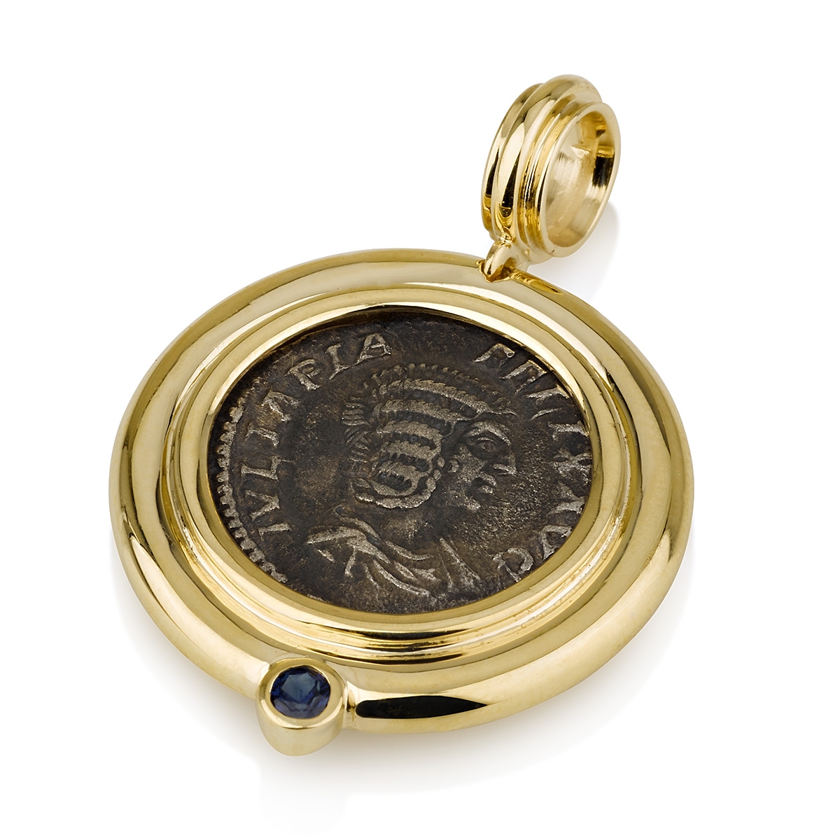 Ben Jewelry 14K Gold and Sapphire Pendant with Ancient Roman Coin Empress Julia Domna AD 160-217 - 1