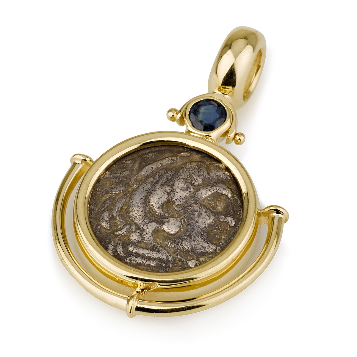 Ben Jewelry 14K Gold, Sapphire, and Greek Silver Drachma Alexander the Great 336-323 BC Coin Pendant - 1
